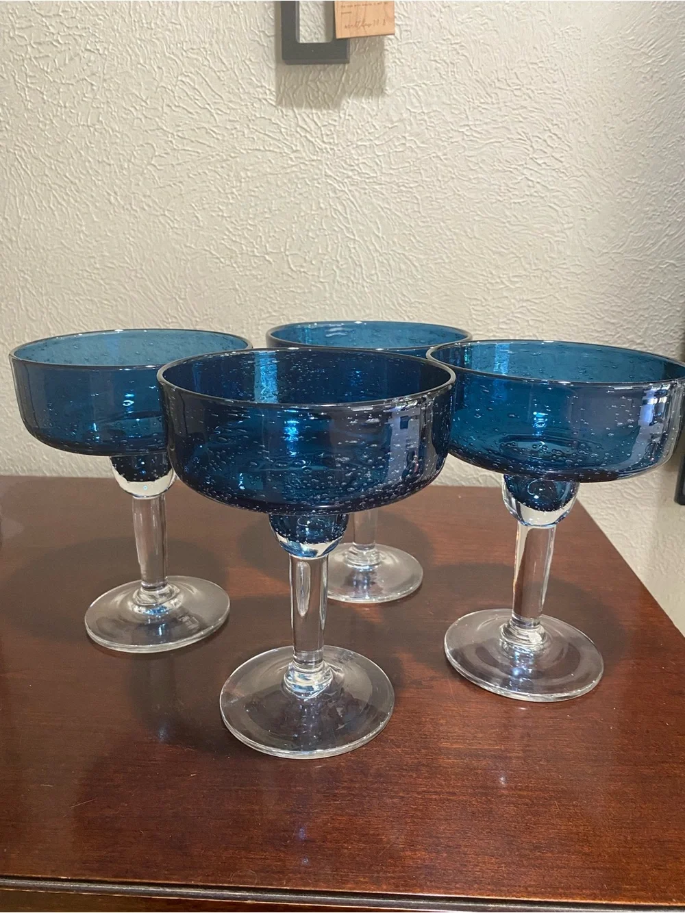 Set of 4, Artisan Hand blown Mexican Margarita Glasses, Cobalt Blue Bowl